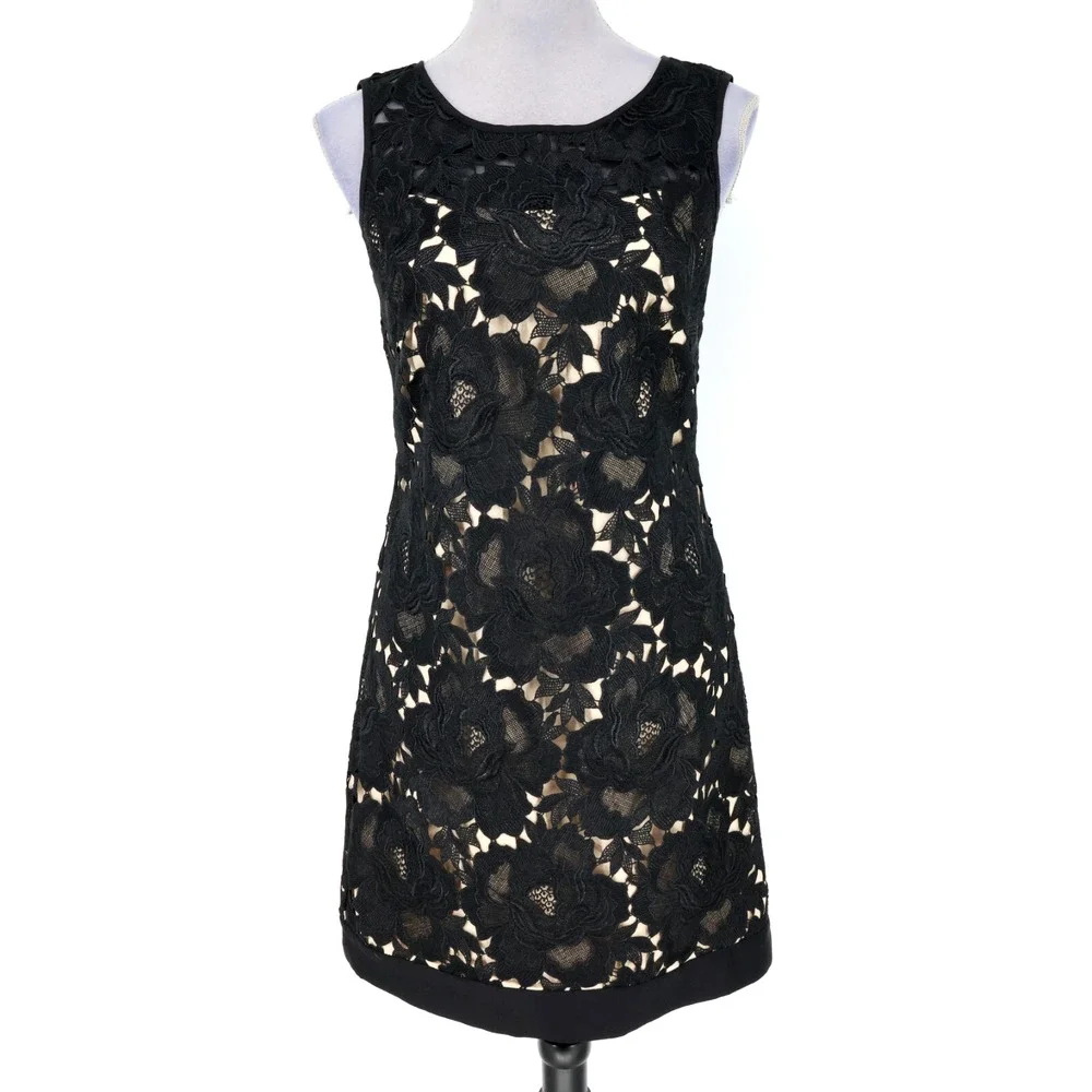 WHBM Dress Womens 2 Black Lace Floral Beige Lined Back Zip Formal Wedding